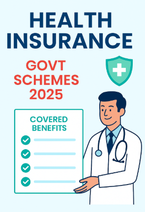 Illustration of a male doctor presenting a “Health Insurance – Govt Schemes 2025” document with a checklist of covered benefits, green checkmarks, and a medical shield icon; designed in a clean, minimalistic infographic style with blue, green, and red accents.