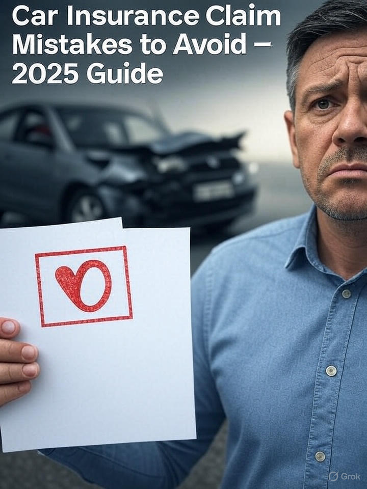 "A frustrated person in a suit holding car insurance documents with a red rejection stamp, standing in front of a blurred car accident scene. Text overlay reads 'Car Insurance Claim Mistakes to Avoid – 2025 Guide' in bold white font."