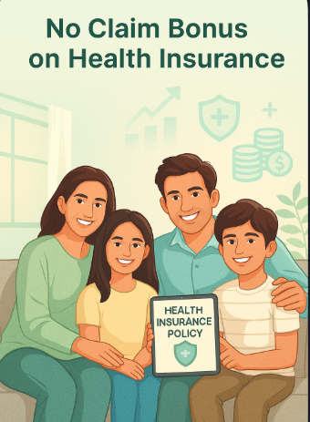 “No Claim Bonus on Health Insurance - Savings and Benefits Illustration with happy family and health icons”