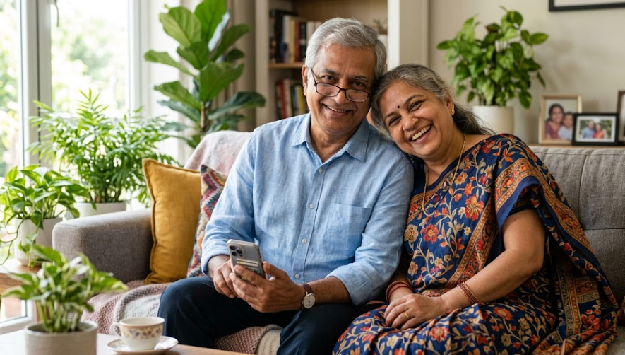 Elderly couple smiling together indoors.